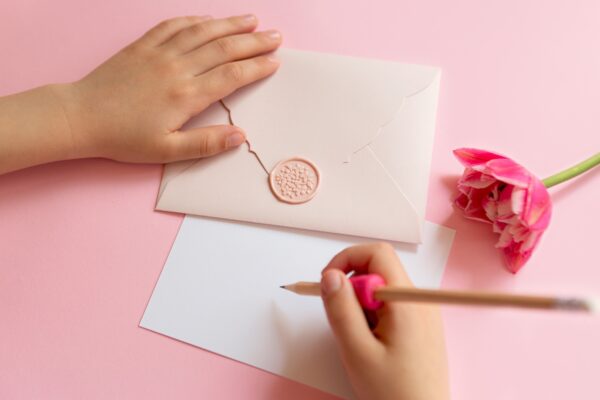 Top view of child,writing on blank certificate gift.